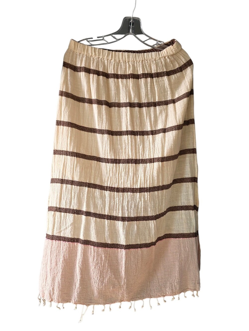 Lula Sol Cream Colored Crinkle Cotton Midi Skirt W/Brown Stripes Size Small